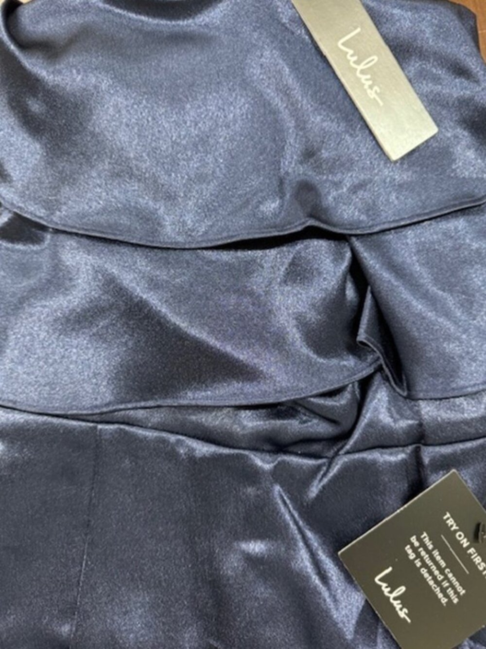 Lulus Pure Happiness Navy Blue Satin Off-the-Shoulder Maxi Dress NWT - Picture 7 of 9